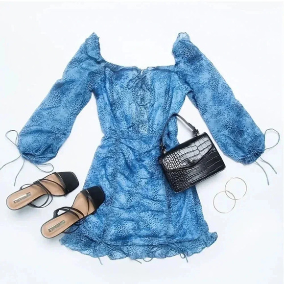 NEW! Blue Mixed Leopard Ruched Lace Up Puff Sleeve Mini Dress - Picture 10 of 11